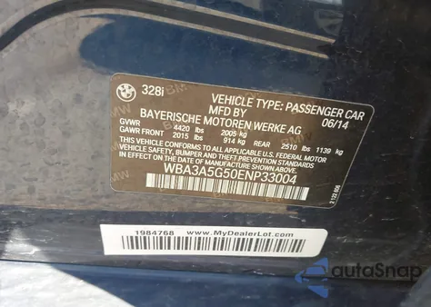 2014 BMW 328I from USA, damaged, VIN WBA3A5G50ENP33004